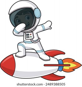 Cute astronaut dabbing on rocket vector illustration