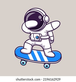 Cute Astronaut Dabbing On Skateboard Cartoon Vector Icon Illustration. Science Sport Icon Concept Isolated Premium Vector. Flat Cartoon Style