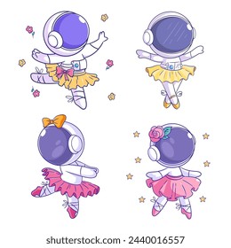 Cute astronaut dancing ballet cartoon style set
