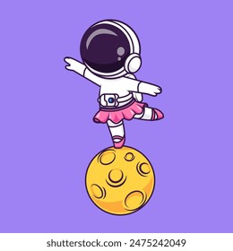 Cute Astronaut Dancing Ballet On Moon Cartoon Vector Icon Illustration. Science Holiday Icon Concept Isolated Premium Vector. Flat Cartoon Style