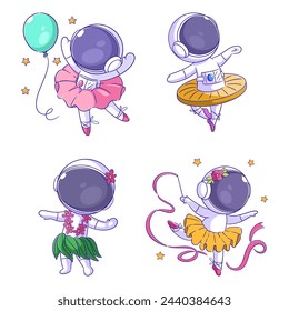 Cute astronaut dancing, cartoon style set