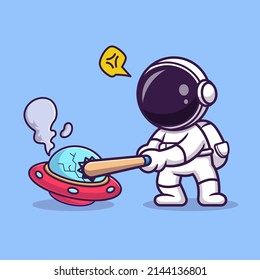 Cute Astronaut Destroy Ufo With Baseball Stick Cartoon Vector Icon Illustration. Science Technology Icon Concept Isolated Premium Vector. Flat Cartoon Style