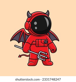 Cute Astronaut Devil Dracula Halloween Cartoon Vector Icon Illustration. Science Holiday Icon Concept Isolated Premium Vector. Flat Cartoon Style