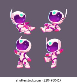 Cute Astronaut In Different Poses Isolated On Background. Vector Cartoon Set Of Little Spaceman In Suit And Helmet. Mascot In Spacesuit Lying, Sitting, Walking And Waving