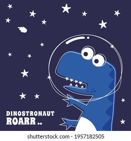 Cute Astronaut dinosaur. Space theme t-shirt print for kids. Creative vector childish background for fabric, textile, nursery wallpaper, poster, card, brochure. and other decoration.