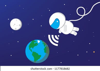 Cute astronaut distributes WiFi in space. On the background Earth, Moon and Stars. Vector illustration
