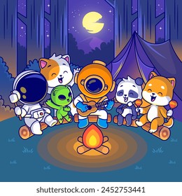 Cute Astronaut, Diver, Cat, Alien, Panda, And Shiba Inu Dog Camping Tent Cartoon Vector Icon Illustration. Animal Science Icon Concept Isolated Premium Vector. Flat Cartoon Style