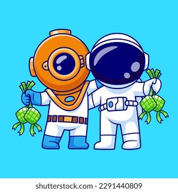 Cute Astronaut And Cute Diver Holding Ketupat Cartoon Vector Icon Illustration. Science Food Icon Concept Isolated Premium Vector. Flat Cartoon Style