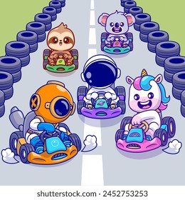 Cute Astronaut, Diver, Unicorn, Sloth And Koala Riding Gocart Cartoon Vector Icon Illustration. Animal Science Icon Concept Isolated Premium Vector. Flat Cartoon Style