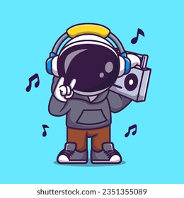 Cute Astronaut DJ Listening Music with Boombox And Headphone Cartoon Vector Icon Illustration. Science Music Icon Concept Isolated Premium Vector. Flat Cartoon Style