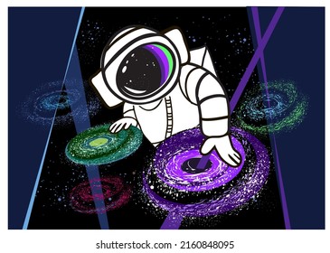 Cute astronaut dj. Neon glow of galaxies, musician in space. Festive mood in space. Party in the open air.