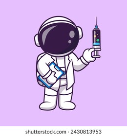 Doctor astronauta lindo sosteniendo el espacio de inyección de dibujos animados ilustración vectorial. Icono de ciencia sanitaria concepto aislado Vector Premium. Estilo plano de dibujos animados