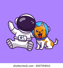 Cute Astronaut With Dog Astronaut Cartoon Vector Icon Illustration. Technology Animal Icon Concept Isolated Premium Vector. Flat Cartoon Style