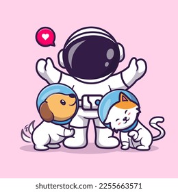 Cute Astronaut with Dog and Cat Pet Cartoon Vector Icon Illustration. Science Animal Icon Concept Isolated Premium Vector. Flat Cartoon Style
