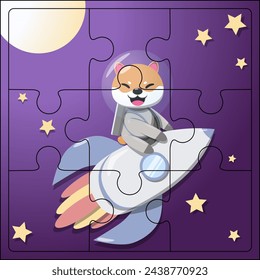 A cute astronaut dog in a space suit flying on a rocket. Exploring the galaxy with planets, stars and the moon. Puzzle for children, cartoon vector pattern.