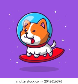 Cute Astronaut Dog Surfing in Space Cartoon Vector Icon Illustration. Animal Sport Icon Concept Isolated Premium Vector. Flat Cartoon Style