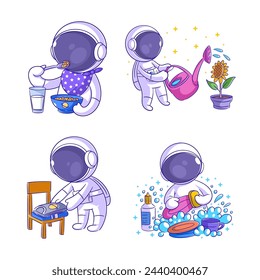 Cute astronaut doing routine activities, cartoon style set