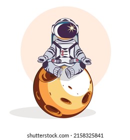 cute astronaut doing yoga pose on the moon meditation