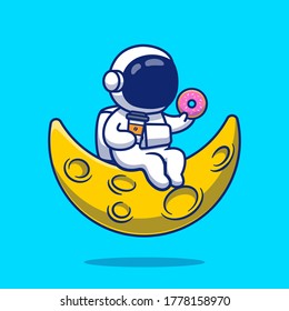 Cute Astronaut With Donut And Coffee On Moon Cartoon Vector Icon Illustration. People Science Icon Concept Isolated Premium Vector. Flat Cartoon Style