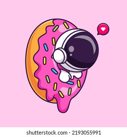 Cute Astronaut In Donut Strawberry Cartoon Vector Icon Illustration Science Food Icon Concept Isolated Premium Vector. Flat Cartoon Style