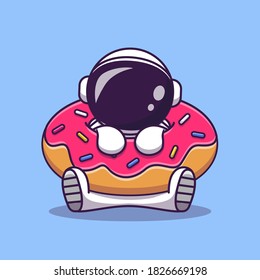 Cute Astronaut With Doughnut Cartoon Vector Icon Illustration. Science Technology Icon Concept Isolated Premium Vector. Flat Cartoon Style