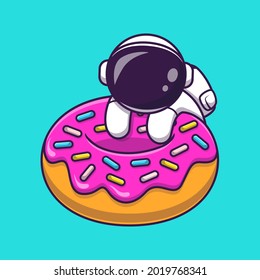 Cute Astronaut With Doughnut Cartoon Vector Icon Illustration. Science Food Icon Concept Isolated Premium Vector. Flat Cartoon Style