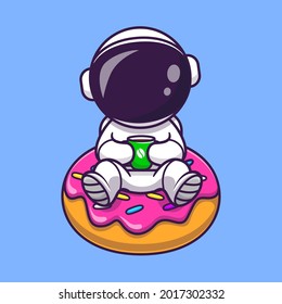 Cute Astronaut With Doughnut And Coffee Cartoon Vector Icon Illustration. Science Food Icon Concept Isolated Premium Vector. Flat Cartoon Style