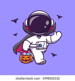 Cute Astronaut Dracula Holding Pumpkin Basket Candy Cartoon Vector Icon Illustration. Science Holiday Icon Concept Isolated Premium Vector. Flat Cartoon Style