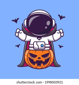 Cute Astronauten Dracula mit Kürbis Halloween Cartoon Vektorsymbol Illustration. Science Holiday Icon Konzept isolierter Premium-Vektorgrafik. Flachbildkartonstil