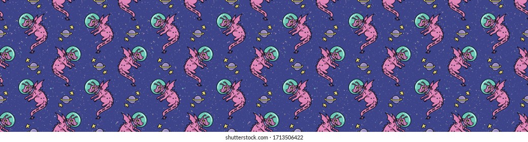 Cute astronaut dragon cartoon seamless vector border. Hand drawn space fantasy tile. All over print for planet and star blog on galaxy background. Universe home decor EPS 10. 