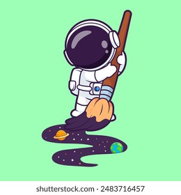 Cute Astronaut Drawing Space With Paint Brush Cartoon Vector Icon Illustration. Science Technology Icon Concept Isolated Premium Vector. Flat Cartoon Style