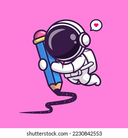 Cute Astronauten Zeichnungsraum mit Bleistift Cartoon Vektorsymbol Illustration. Science Education Icon Konzept isolierter Premium-Vektorgrafik. Flachbildkartonstil