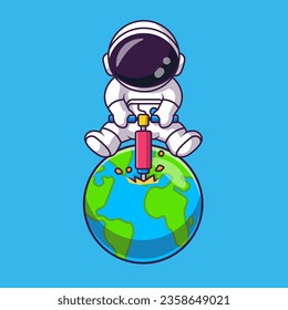 Cute Astronaut Drill Earth Cartoon Vector Icon Illustration. Science Technology Icon Concept Isolated Premium Vector. Flat Cartoon Style