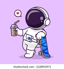 Cute Astronaut Drink Boba Milk Tea With Skateboard Cartoon Vector Icon Illustration. Science Drink Icon Concept Isolated Premium Vector. Flat Cartoon Style