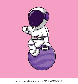 Cute Astronaut Drink Coffee Cup On Planet Cartoon Vector Icon Illustration. Science Food Flat Cartoon Concept