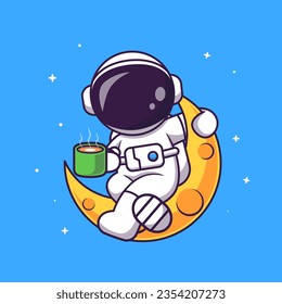 Cute Astronaut Drink Coffee On Moon Cartoon Vector Icon Illustration. Science Drink Icon Concept Isolated Premium Vector. Flat Cartoon Style