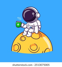 Astronauta bonito beber café na lua ilustração do ícone do vetor do desenho animado. Science Drink Icon Concept Isolado Premium Vetor. Estilo de Desenho Animado Plano