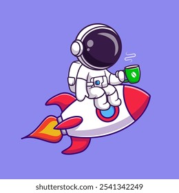 Süße Astronaut trinken Kaffee auf Rakete Cartoon Vektor Symbol Illustration. Science Drink Icon Konzept isolierte Premium-Vektor. Flacher Cartoon-Stil