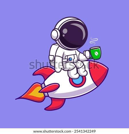 Cute Astronaut Drink Coffee On Rocket Cartoon Vector Icon Illustration. Science Drink Icon Concept Isolated Premium Vector. Flat Cartoon Style