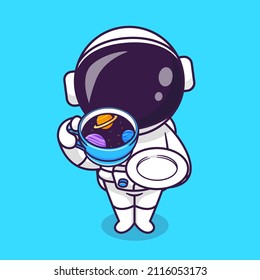 Cute Astronaut Drink Coffee Space Cup Cartoon Vector Icon Illustration. Science Drink Icon Concept Isolated Premium Vector. Flat Cartoon Style