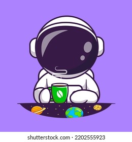 Cute Astronaut Drink Coffee In Space Cartoon Vector Icon Illustration Science Drink Icon Concept Isolated Premium Vector. Flat Cartoon Style