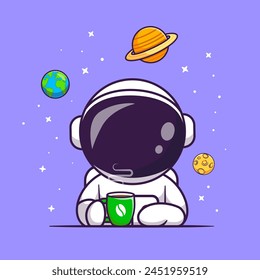 Cute Astronaut Drink Coffee In Space Cartoon Vector Icon Illustration. Science Drink Icon Concept Isolated Premium Vector. Flat Cartoon Style