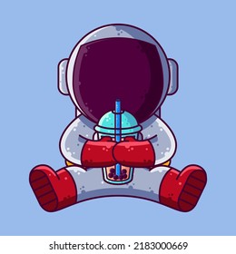 Cute Astronaut Drinking Boba Cartoon Vector Illustration. Cartoon Style Icon or Mascot Character Vector.