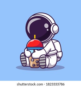 Cute Astronaut Drinking Boba Milk Tea Cartoon Vector Icon Illustration. Science Food And Drink Icon Concept Isolated Premium Vector. Flat Cartoon Style