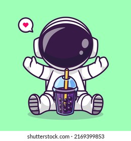 Cute Astronaut Drinking Boba Milk Tea Space Cartoon Vector Icon Illustration Science Drink Icon Concept Isolated Premium Vector. Flat Cartoon Style