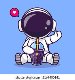 Cute Astronaut Drinking Boba Milk Tea Space Cartoon Vector Icon Illustration Science Drink Icon Concept Isolated Premium Vector. Flat Cartoon Style