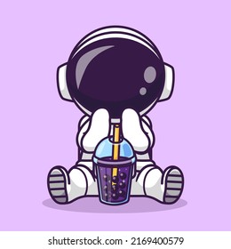 Cute Astronaut Drinking Boba Milk Tea Space Cartoon Vector Icon Illustration Science Drink Icon Concept Isolated Premium Vector. Flat Cartoon Style