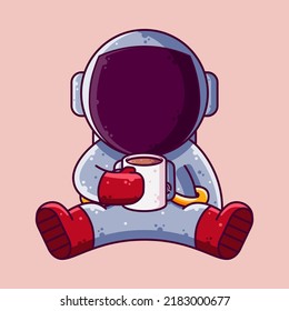 Cute Astronaut Drinking Coffee Cartoon Vector Illustration. Cartoon Style Icon or Mascot Character Vector.