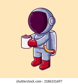 Cute Astronaut Drinking Coffee Cartoon Vector Illustration. Cartoon Style Icon or Mascot Character Vector.