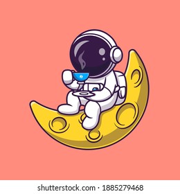 Cute Astronauten trinken Kaffee auf dem Mond Cartoon Vektorsymbol Illustration. Science Food Icon Konzept isolierter Premium-Vektorgrafik. Flachbildkartonstil